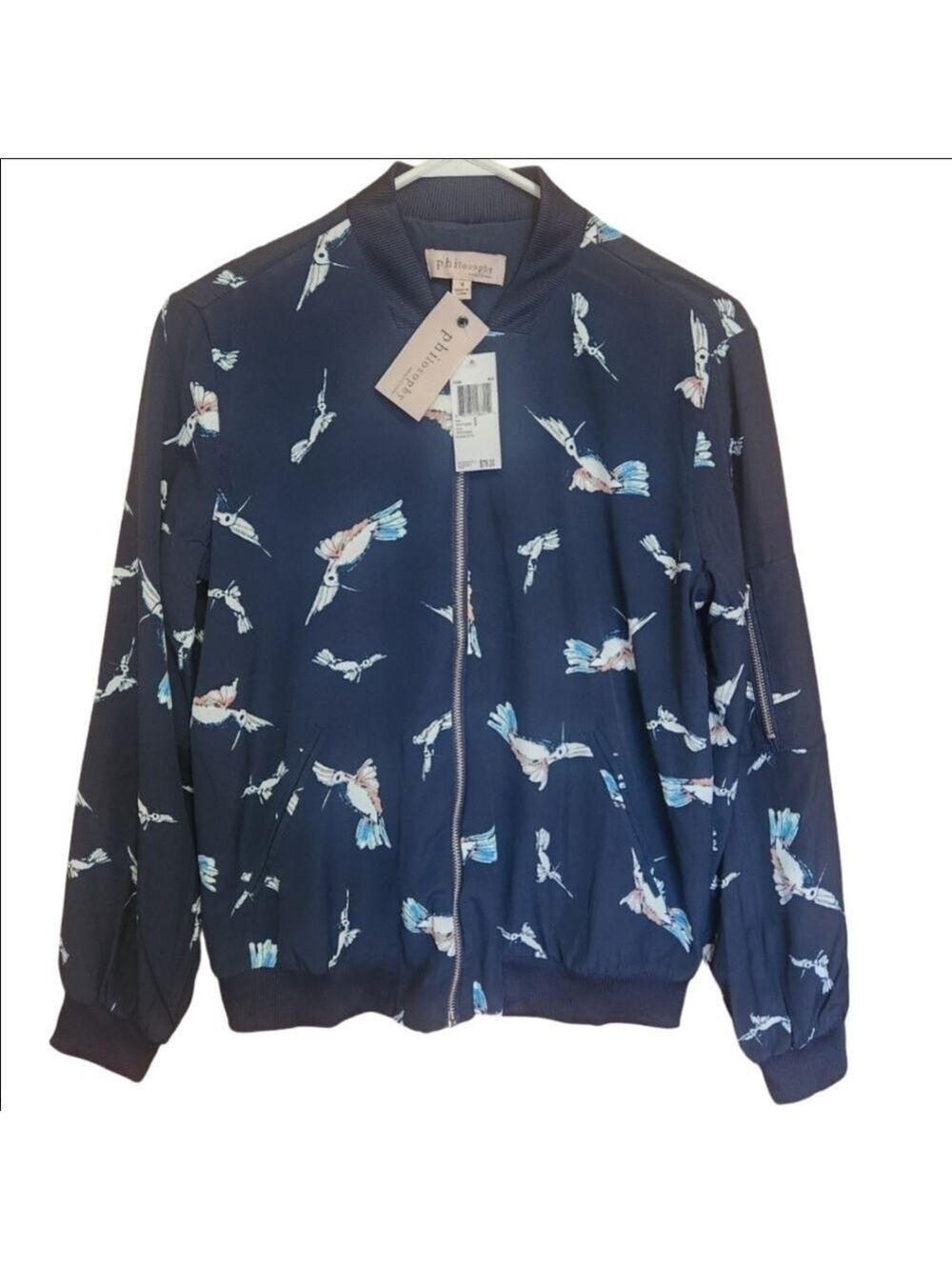 PHILOSOPHY NAVY BLUE HUMMINGBIRD PRINT LIGHTWEIGHT BOMBER JACKET NWT SMALL - Picture 8 of 8